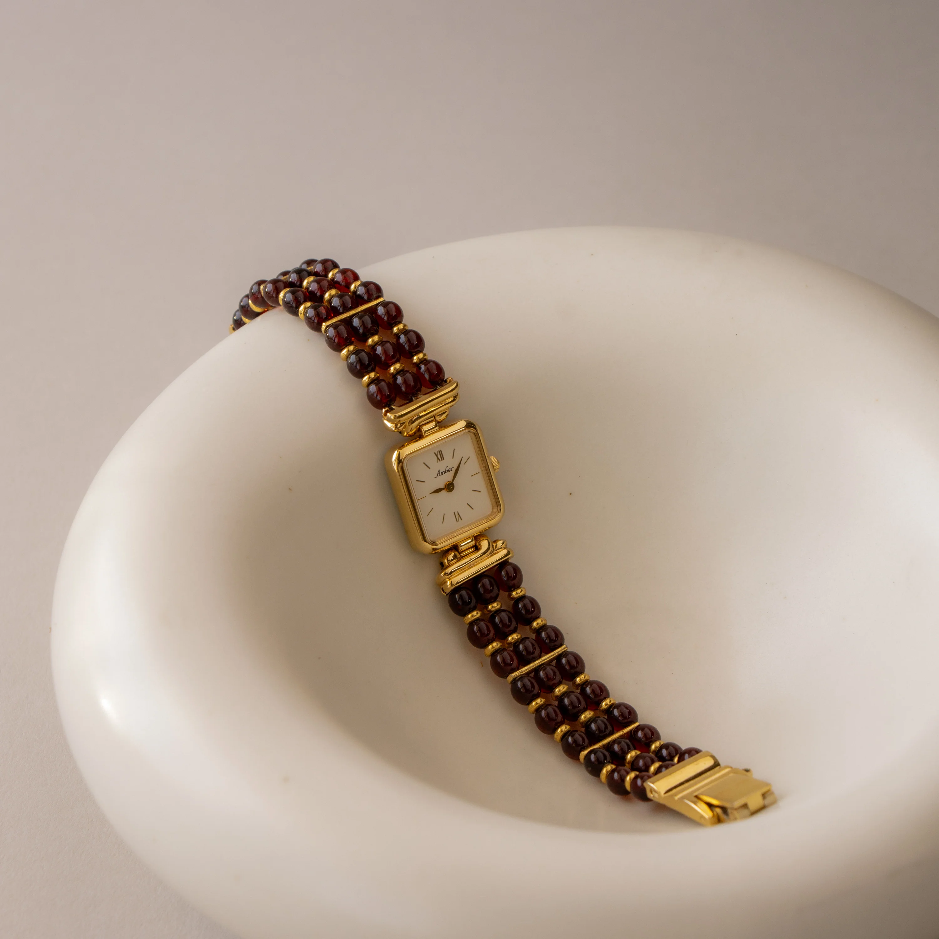 Vintage Amber Red Beaded Gold Watch - Image 2