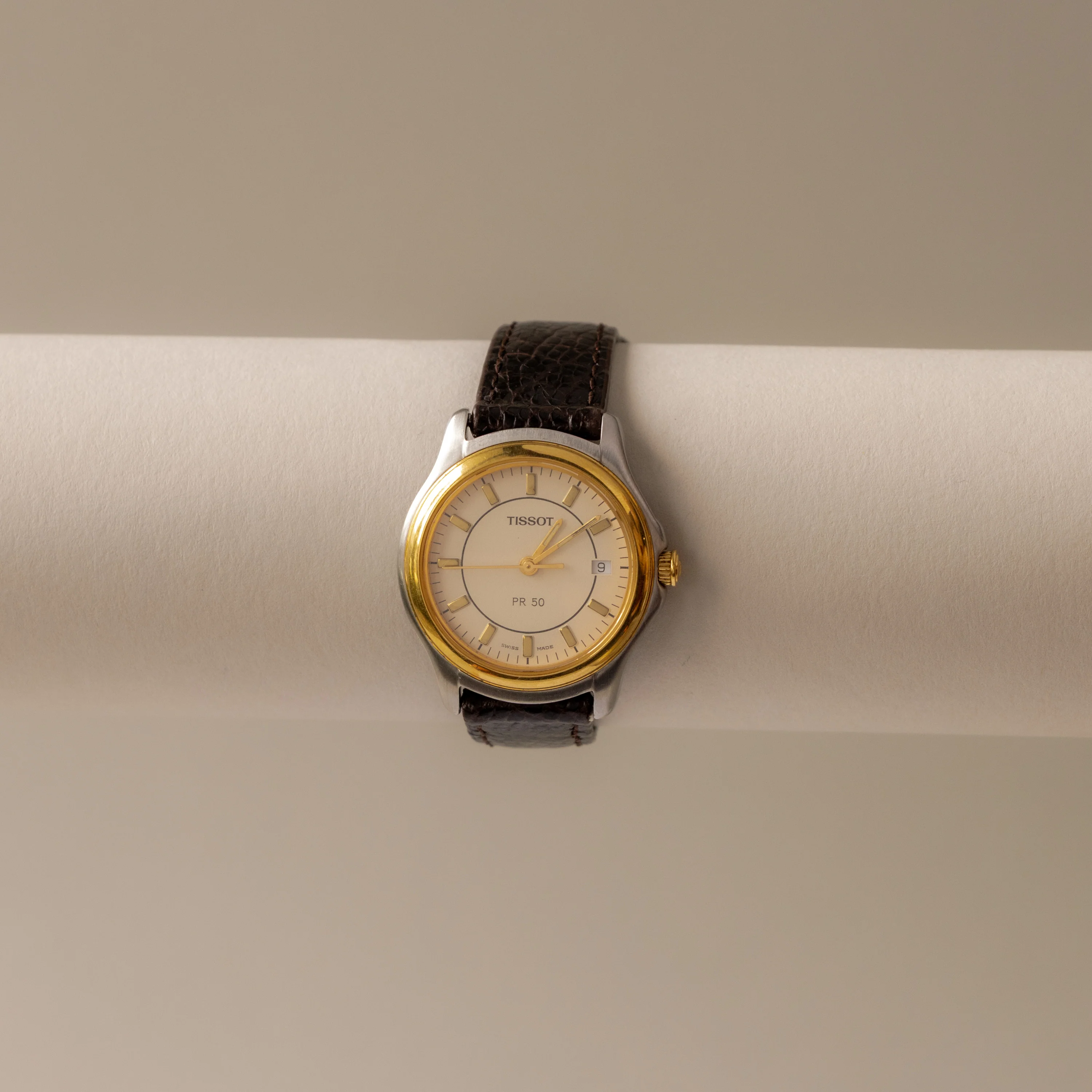 Vintage Tissot Swiss Brown Strap Two Tone Watch - Image 2
